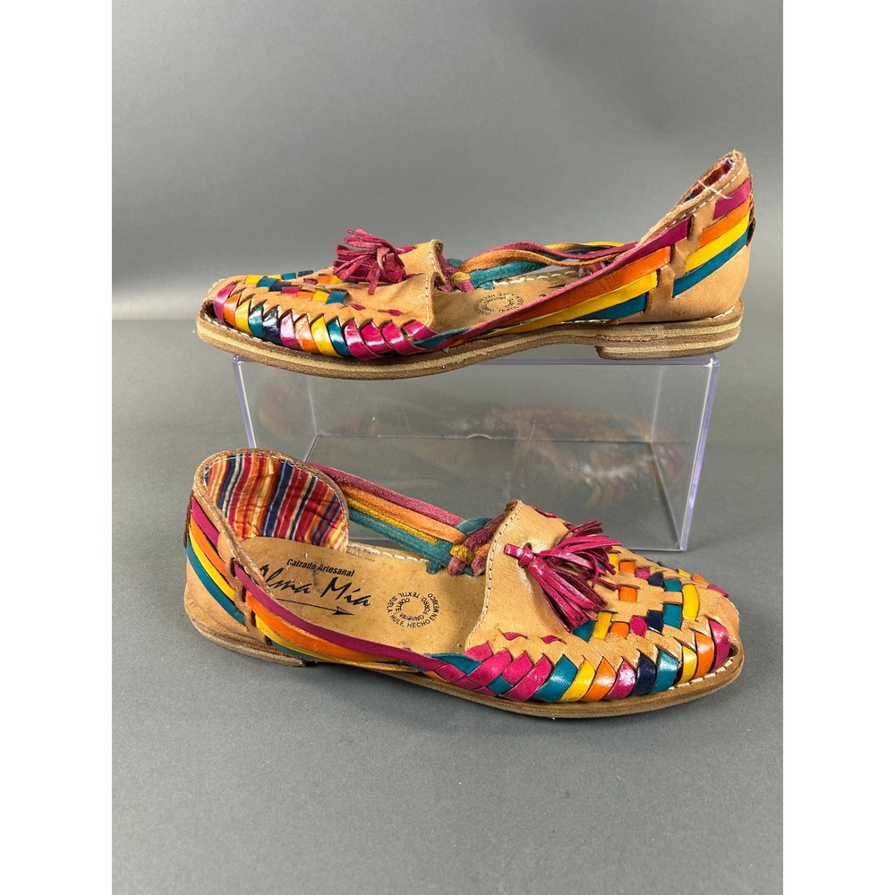 Alma Mia Mexican Huarache Sandals Rainbow Woven Leather Tassel Flats Size 3 MEX